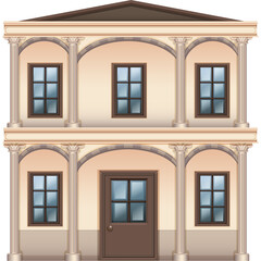 Elegant Two Story Building Facade with Classical Columns and Arched Porticos Featuring Multiple Windows and a Central Door in Soft Beige and Brown Tones