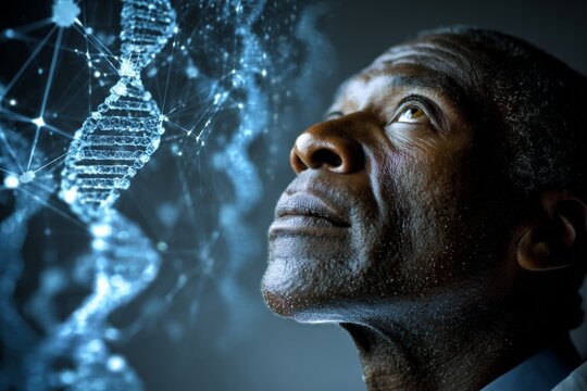 Pioneering new frontiers in medical technology and genetic understanding. Modern style. Technological innovations with a human touch: advanced genomics research scene. Bright colors.