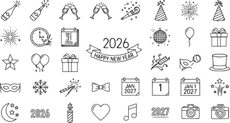 New Year's Eve 2026 celebration icon set, line art party elements including champagne, fireworks, clock, calendar, hats, gifts, and more for festive designs.