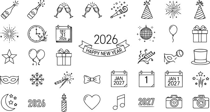 New Year's Eve 2026 celebration icon set, line art party elements including champagne, fireworks, clock, calendar, hats, gifts, and more for festive designs.