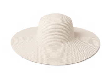 White straw sun hat with a wide brim, a fashionable women's accessory for summer beach vacations and sun protection