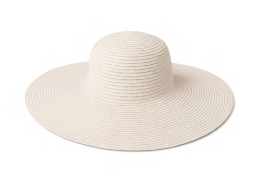 White straw sun hat with a wide brim, a fashionable women's accessory for summer beach vacations and sun protection