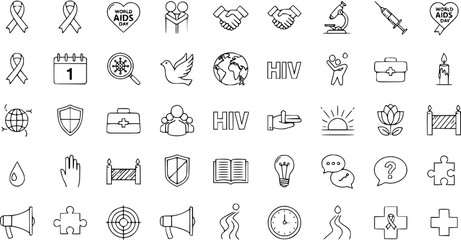 AIDS Awareness Icon Set: Solidarity, Prevention, and Support Line Art Vector Illustration