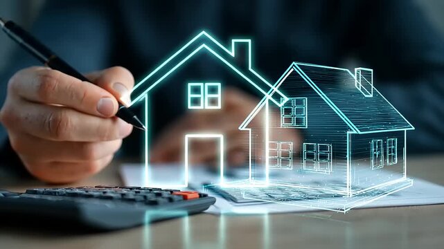 A person calculating mortgage options with a digital house overlay, symbolizing real estate investment