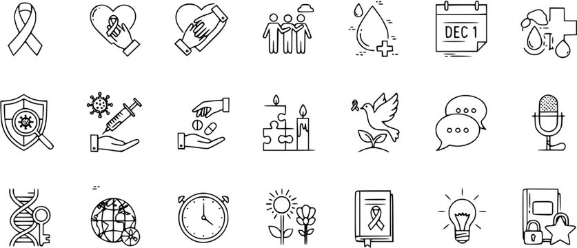 Healthcare Awareness Line Art Icons: Ribbon, Hands, Shield, Syringe, Dove, Book,  More