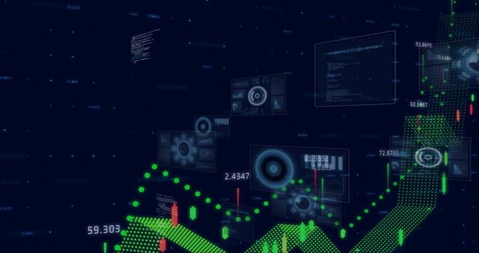 On data feed update, 3D green dotted chart rising, forming mesh, spawning bars, showing analytics