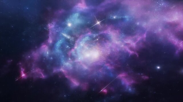 An ethereal and luminous cosmic ballet of a vibrant purple and blue nebula glowing amidst a sea of distant stars in the vastness of deep space