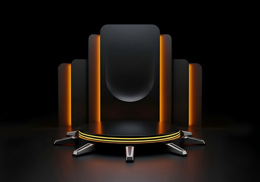 Neon light panel, pedestal for futuristic products, podium