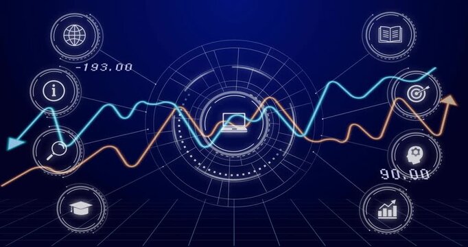 Orange line starting left sparking cyan weaving HUD updating vals receding to frame showing trends