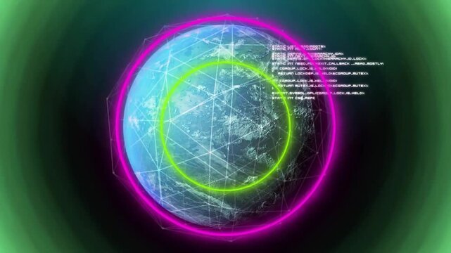 Initial green ring appearing, stylized globe rotating, neon rings pulsing, HUD text displaying data - Powered by Adobe