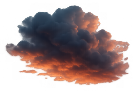 Dark storm cloud glowing orange and red from sunset light, creating a dramatic, powerful weather effect on transparent background