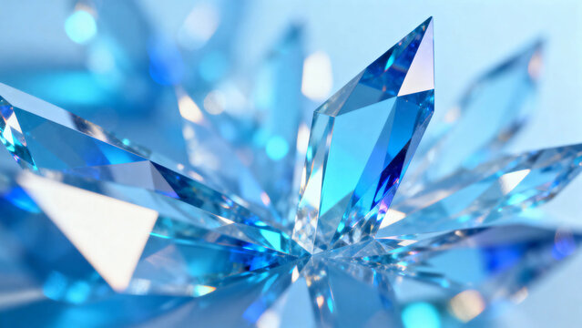 Close-up of sparkling blue crystal facets with reflective surfaces and light refraction