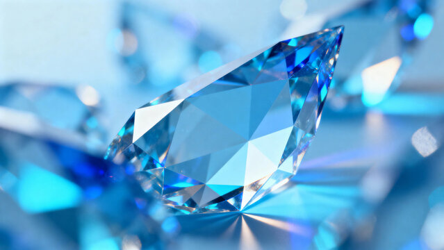 Close-up of a blue gemstone with reflective facets and sparkling light effects
