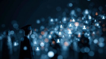 Beyond the diploma: the digital future of education explained. Virtual connections map. Envisioning education: graduations meets futuristic digital landscapes. Digital communication link.