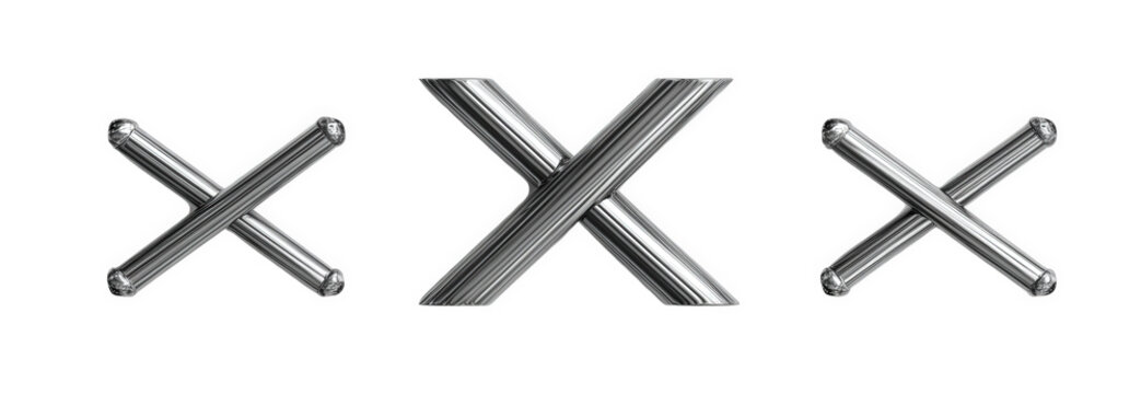 Three metallic x shapes arranged against a transparent background isolated on transparent background, showcasing a simple yet striking pattern for design or abstract representation