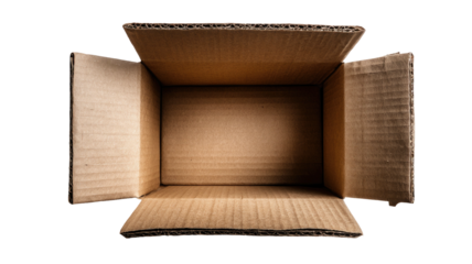 Open, empty corrugated cardboard box, top-down view