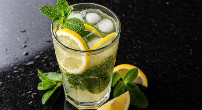 C&oacute;ctel de mojito de lim&oacute;n con menta, bebida fr&iacute;a y refrescante, vista desde arriba sobre una superficie de granito oscuro
