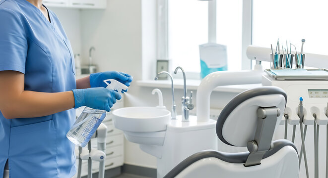 Dental assistant disinfecting clinic equipment with spray bottle, ensuring hygiene and patient safety in a modern healthcare environment.