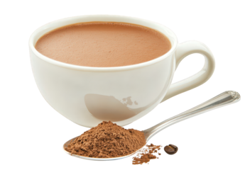 A cup of hot chocolate isolated on transparent background, accompanied by a spoonful of cocoa powder and a coffee bean, creating a cozy and inviting scene