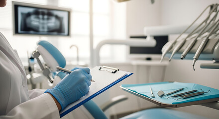 Dental professional reviewing X-ray and taking notes in a bright, modern dental clinic