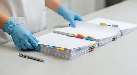 Gloved hands sorting and organizing business documents with colorful index tabs on a clean desk