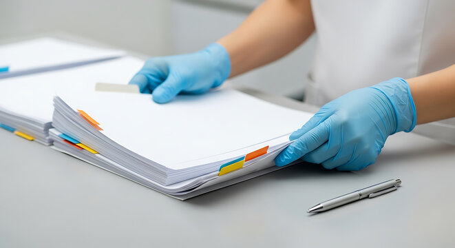 Gloved hands organizing documents with colorful tabs. Precise handling of files for administrative, office, or medical tasks. - Powered by Adobe