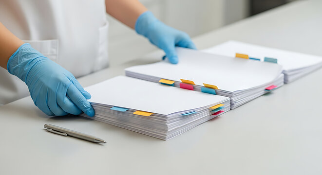 Gloved hands sorting and organizing business documents with colorful index tabs on a clean desk