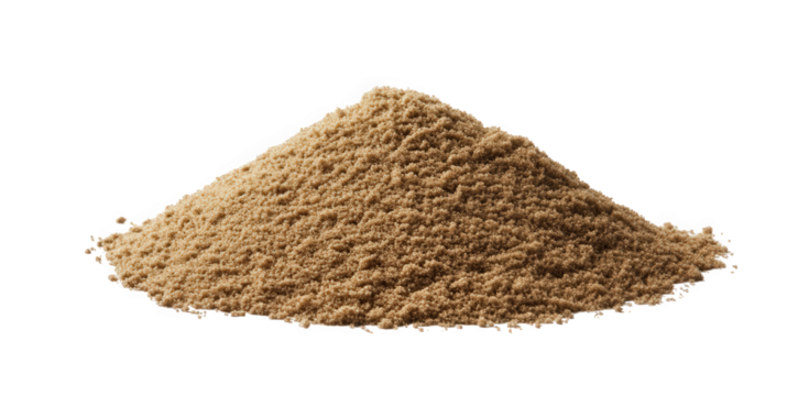Pile of finely ground ginger powder isolated on transparent background, showcasing its light brown color and powdery texture, perfect for culinary applications