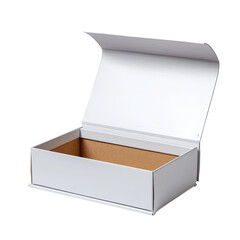 Open white box with flap lid and brown interior