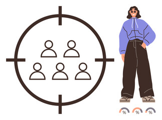Group of figures in crosshair target, individual in stylish attire standing nearby, and performance metrics below. Ideal for marketing, audience targeting, analytics, strategy, demographics