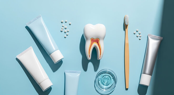 Dental Hygiene Flat Lay: Tooth Model, Toothbrush, Toothpaste, and Mouthwash on Blue Background for Oral Health