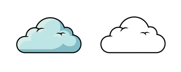 Simple stylized illustration of a cloud, rendered in light blue and grey tones next to a clean black outline drawing style