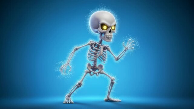 Animated cartoon skeleton with glowing eyes, running in sequence with lightning effect isolated on