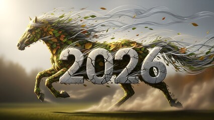“2026” carved from stone and surrounded by swirling wind currents that form a majestic horse made of leaves, dust, and air particles.