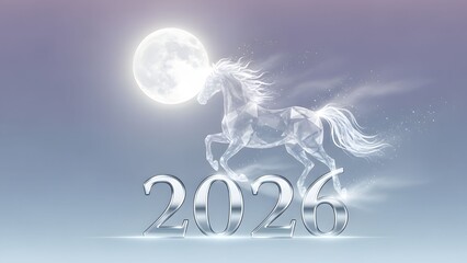 Elegant “2026” design under a glowing full moon, with a crystal-like horse formed from shards of light and mist.