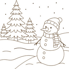 Cute Snowman in Winter Forest Line Art – Christmas Coloring Page Illustration