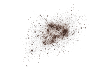Scattered dark brown powder isolated on transparent background, creating a textured and abstract composition with varying densities and a sense of dispersion and disintegration