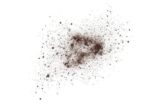 Scattered dark brown powder isolated on transparent background, creating a textured and abstract composition with varying densities and a sense of dispersion and disintegration - Powered by Adobe
