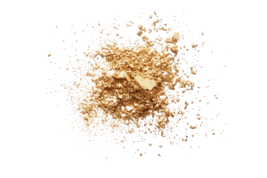Pile of shimmering gold powder isolated on transparent background, creating a luxurious and textured composition with highlights and shadows, evoking a sense of richness