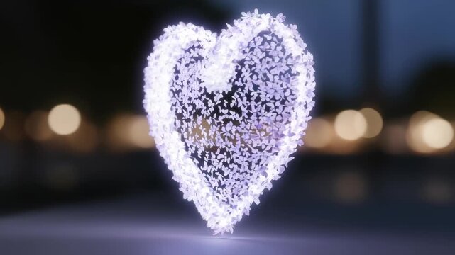 Blooming Affection: Animated Heart Symbol Made of Flowers Rotating in the Night Background