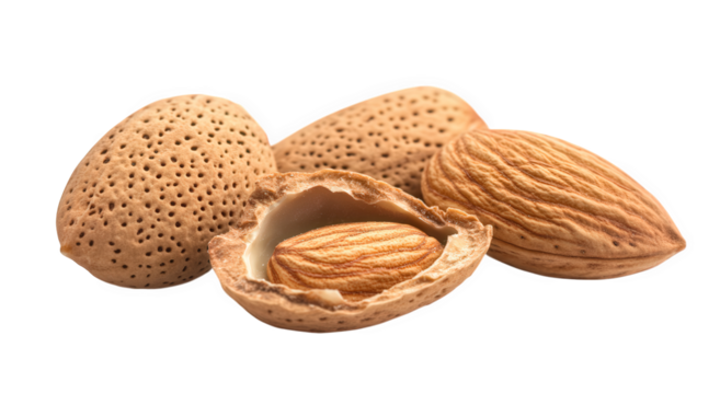 Closeup of almonds isolated on transparent background, revealing their textured shells and the kernel inside, a healthy and nutritious snack option