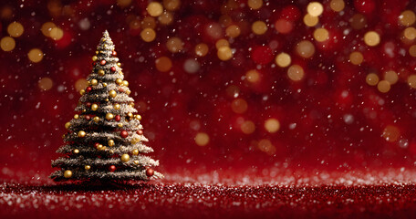 golden and silver lights with christmas tree on red background,bright decoration for merry xmas greeting message.Elegant holiday season social post digital card.Copy type space for text or logo