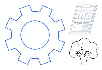 Gear outline with clipboard graph and tree symbolizing technology, analytics, and eco-focus. Ideal for innovation, progress, planning, green economy, engineering development management. Simple flat