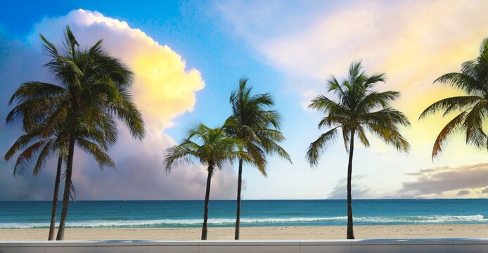 Serene tropical beach scene featuring tall palm trees lined along a sandy shoreline with calm turquoise ocean waves and a colorful sky at sunrise or sunset. The soft pastel hues in the clouds 