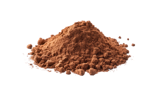 Pile of cocoa powder isolated on transparent background, showcasing its rich brown color and fine texture, perfect for baking and culinary applications