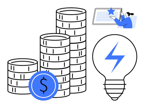 Stacked coins symbolize wealth, blue badge certificate suggests achievement, and lightning bulb represents innovation. Ideal for business, finance, education, creativity, achievement, investment