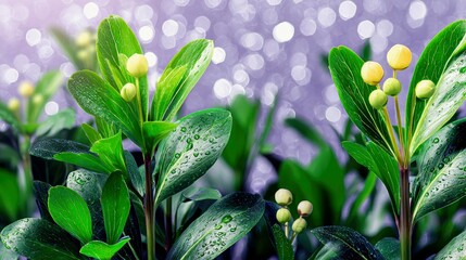 A close-up view of lush green leaves adorned with water droplets, featuring delicate yellow flower buds emerging, set against a soft, blurred purple bokeh.