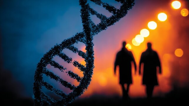 Exploring genetic frontiers: analyzing dna in dimly lit expert rooms. Poster illustration. Intricate dna reviews: specialists examine complex patterns in dim light. Thriller poster. - Powered by Adobe