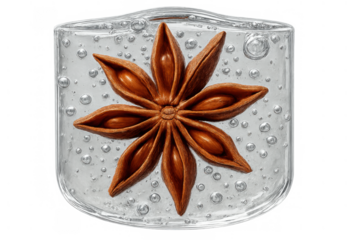Star anise pod freezing inside a transparent ice cube, creating a unique culinary garnish or aromatic infusion with air bubbles