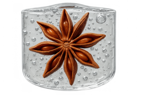 Star anise pod freezing inside a transparent ice cube, creating a unique culinary garnish or aromatic infusion with air bubbles